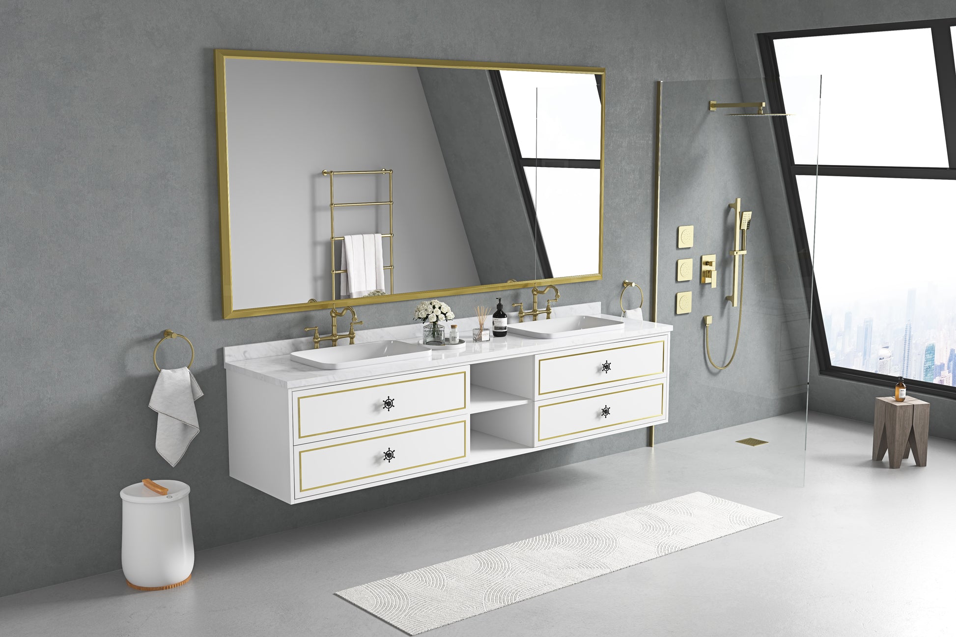 Modern white double bathroom vanity with gold trim and marble countertop