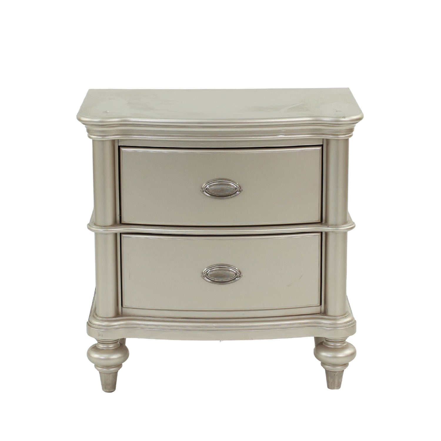 Elegant silver twodrawer nightstand with ornate hardware and carved legs