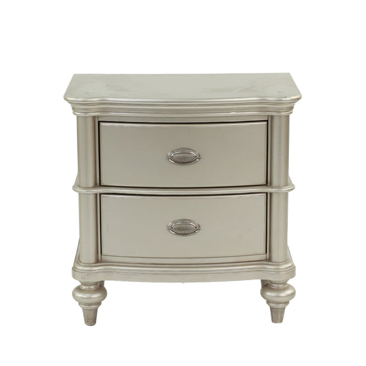 Elegant silver twodrawer nightstand with ornate hardware and carved legs
