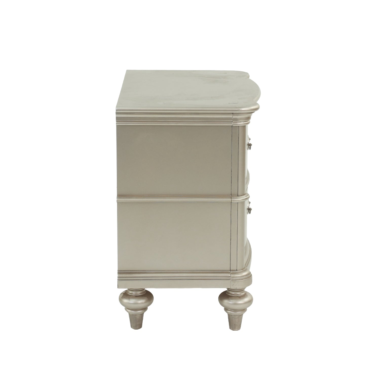 Champagne metallic nightstand with three drawers and ornate legs
