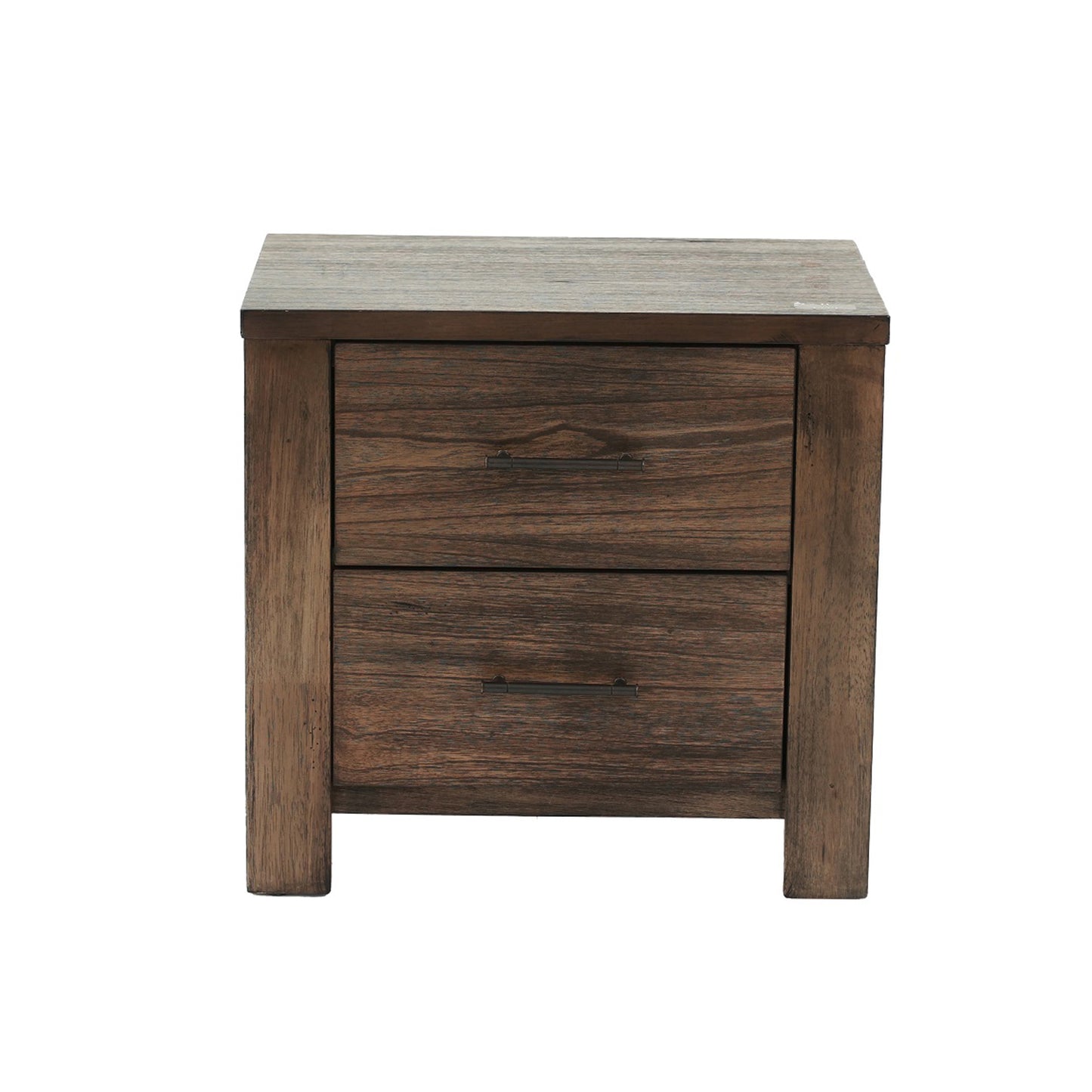 Rustic brown twodrawer nightstand with metal drawer pulls crafted from distressed solid wood