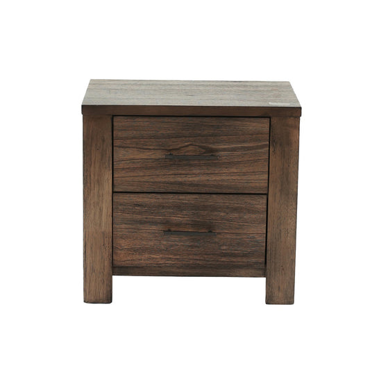 Rustic brown twodrawer nightstand with metal drawer pulls crafted from distressed solid wood