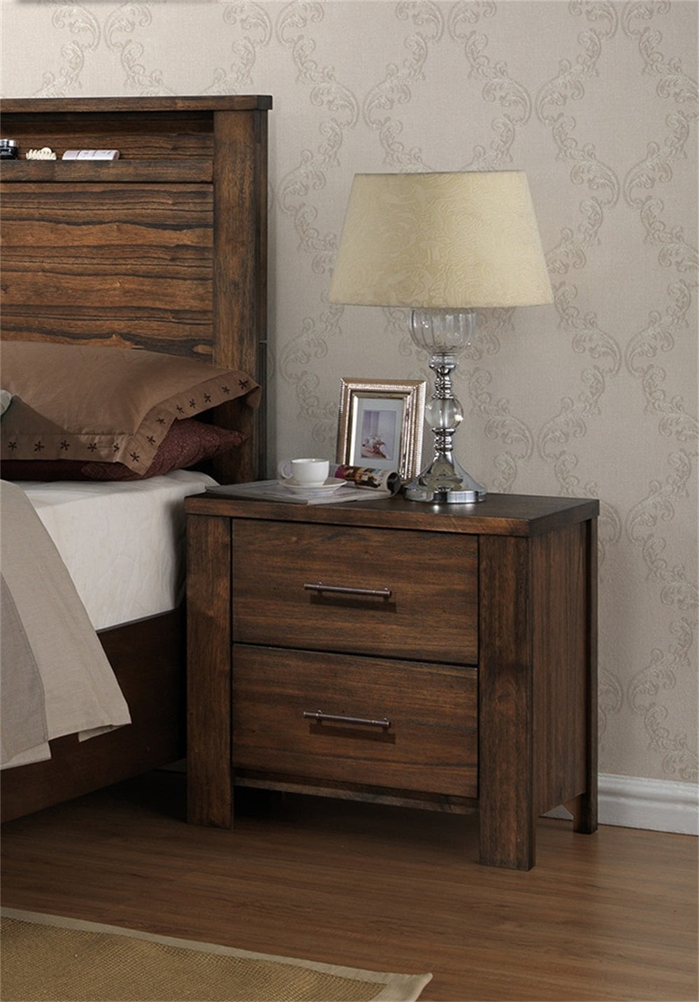 Rustic solid wood nightstand with two deep drawers and dark metal pulls