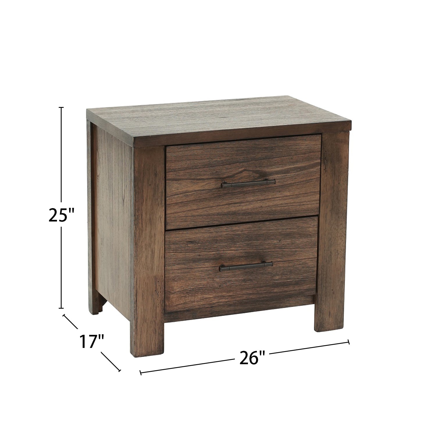 Dark wood bedside table with two drawers and metal handles