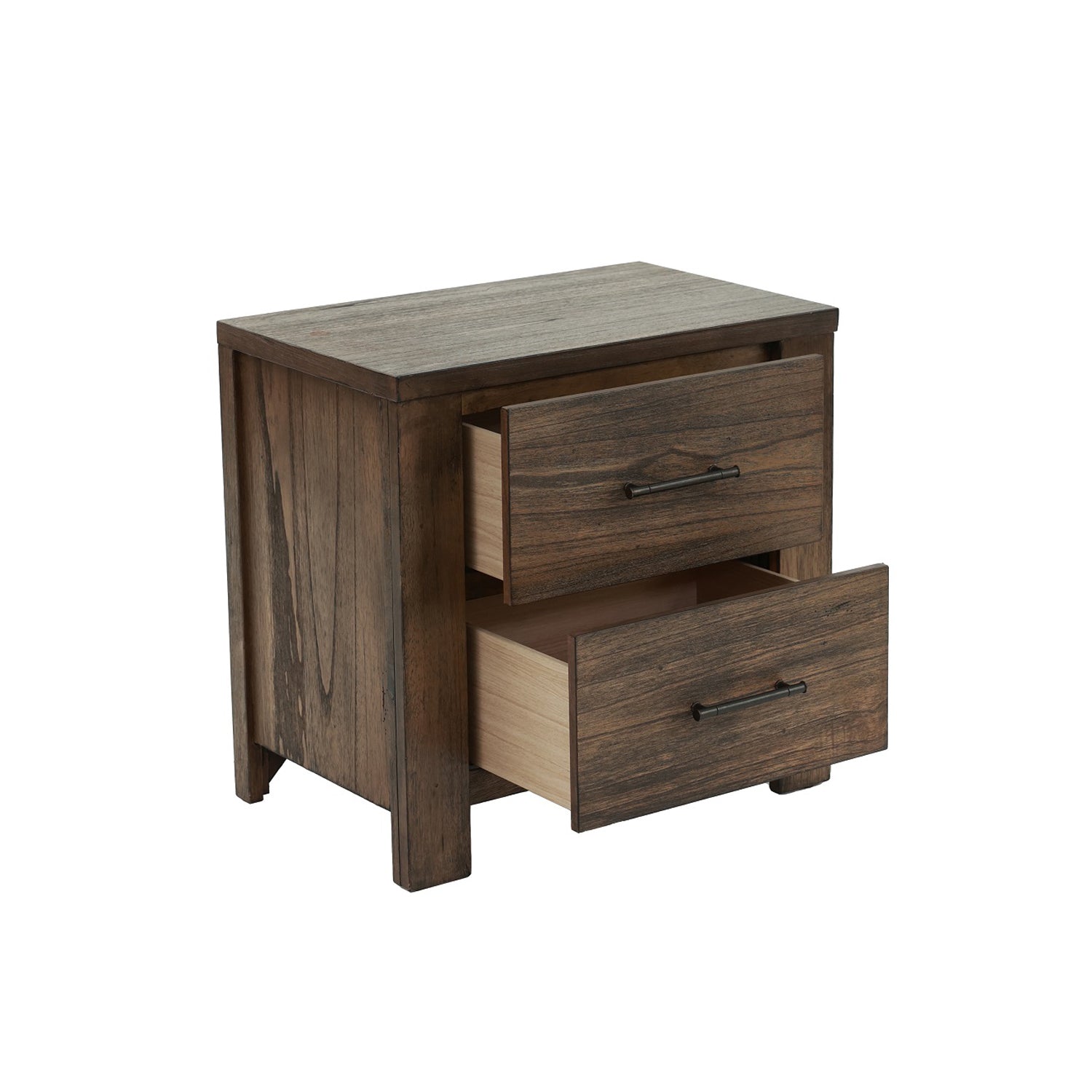 Dark brown wood nightstand with two open drawers and brushed nickel pulls