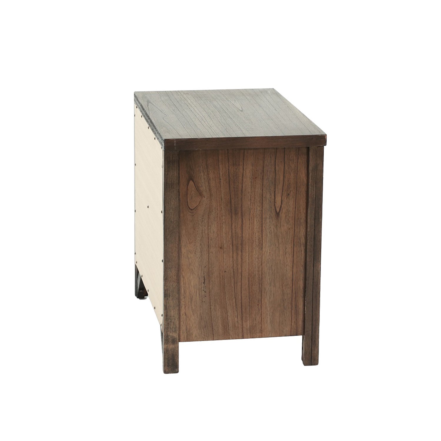 Wooden nightstand with dark walnut finish and light wood interior seen from the side