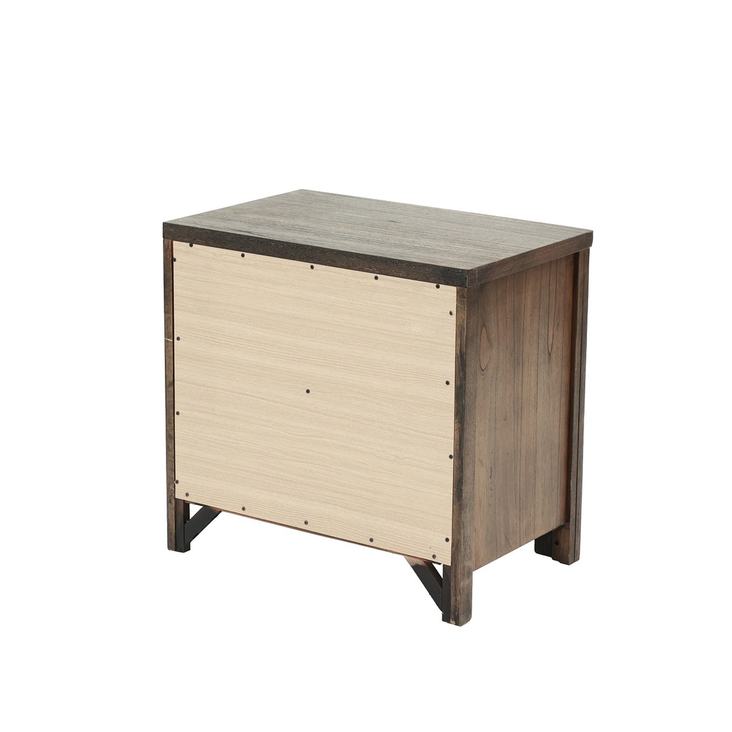 Wooden nightstand with dark wood finish and light wood backing panel