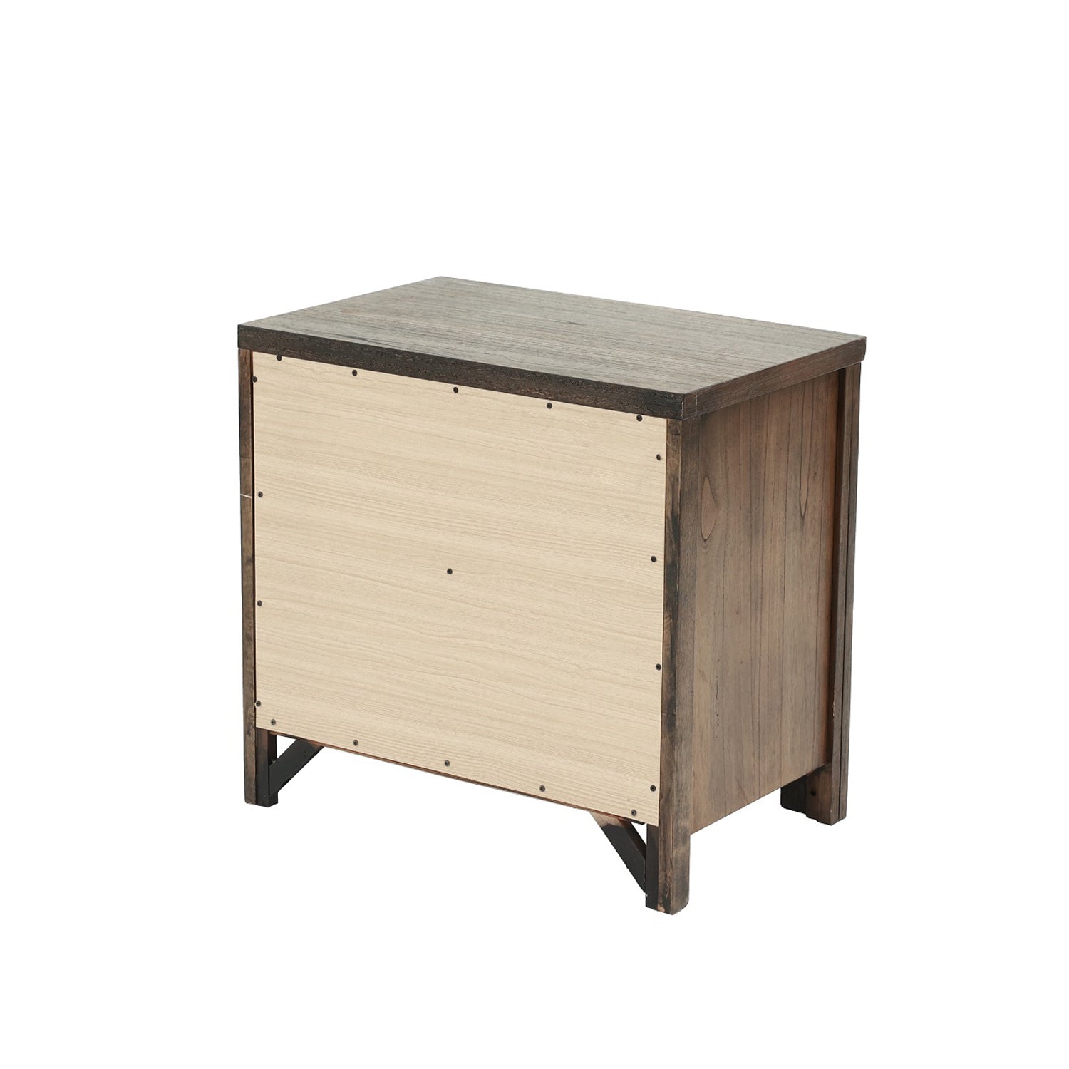 Wooden nightstand with dark wood finish and light wood backing panel