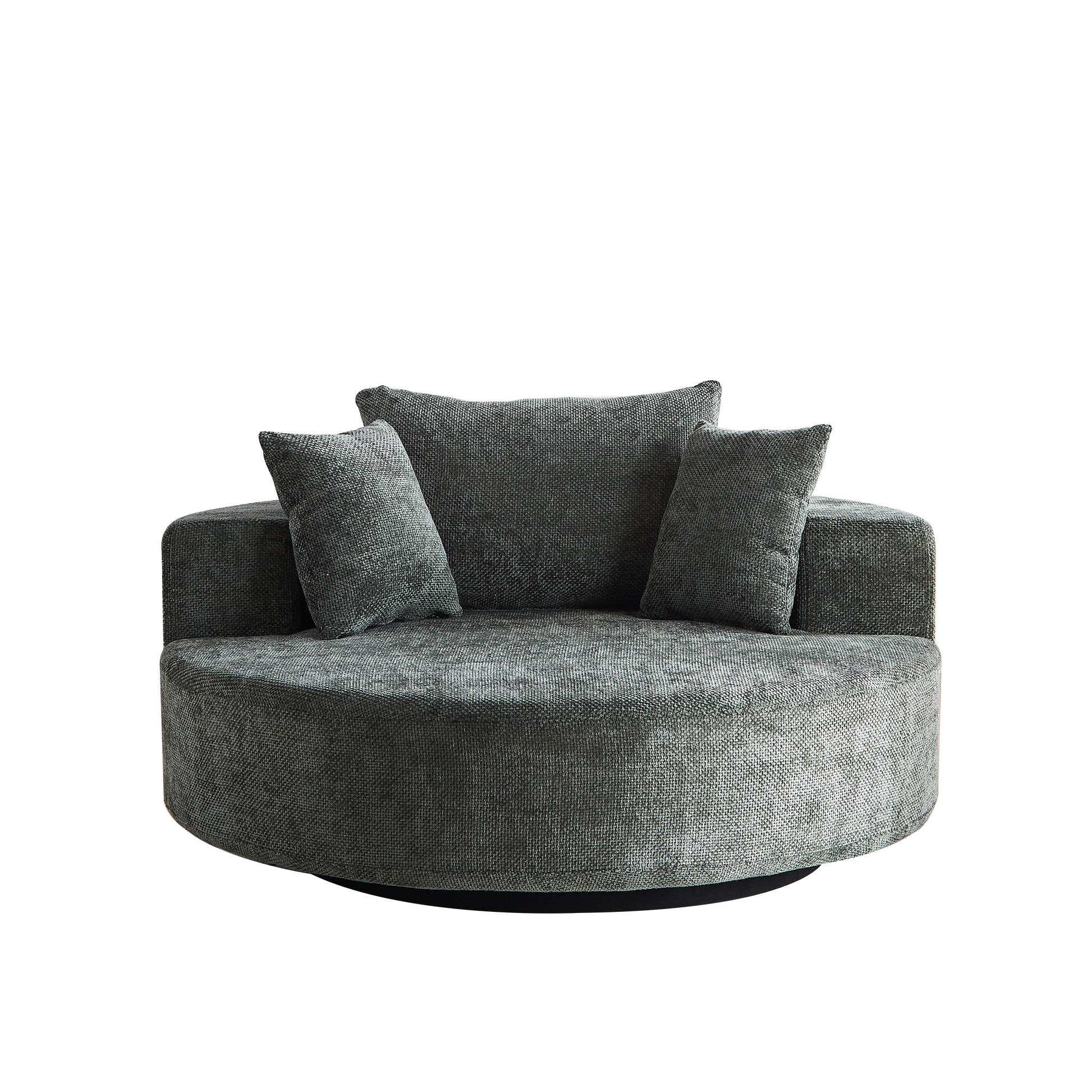 Comfortable round sectional sofa in textured dark gray fabric with two accent pillows
