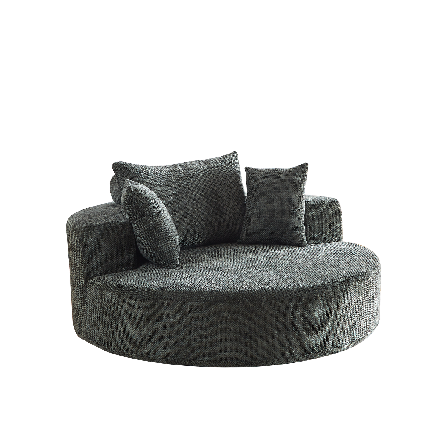 Round charcoal grey fabric sofa with textured upholstery and plush cushions