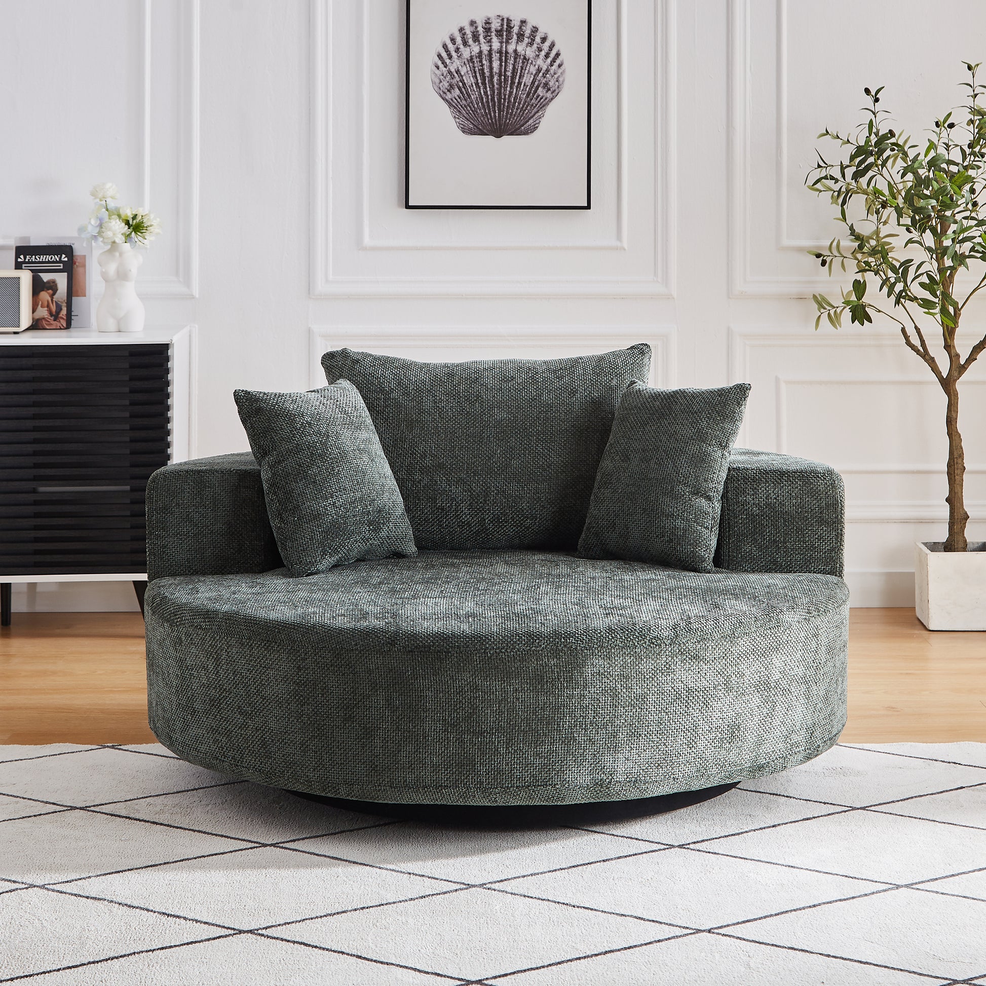 Textured green swivel chair with plush cushions perfect for modern living rooms