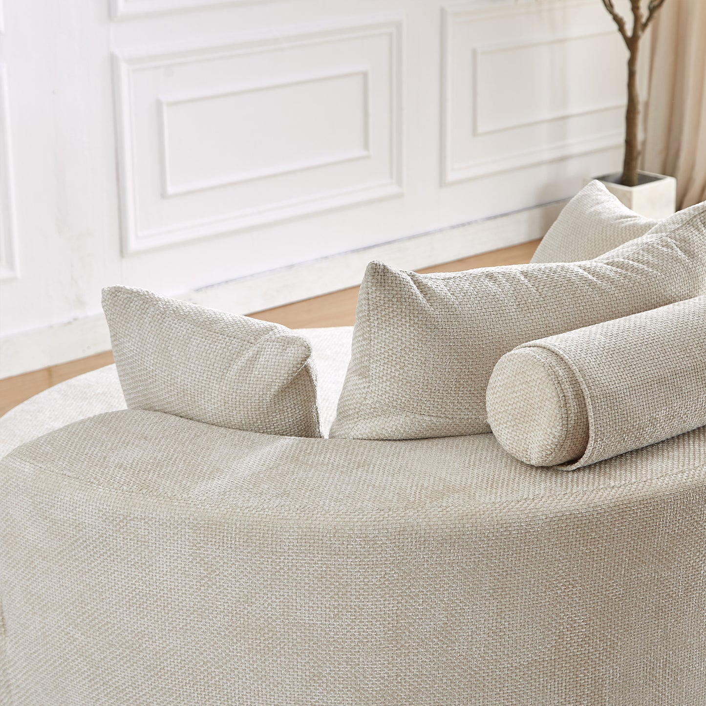 Cream textured fabric circular sofa with bolster pillow modern living room furniture