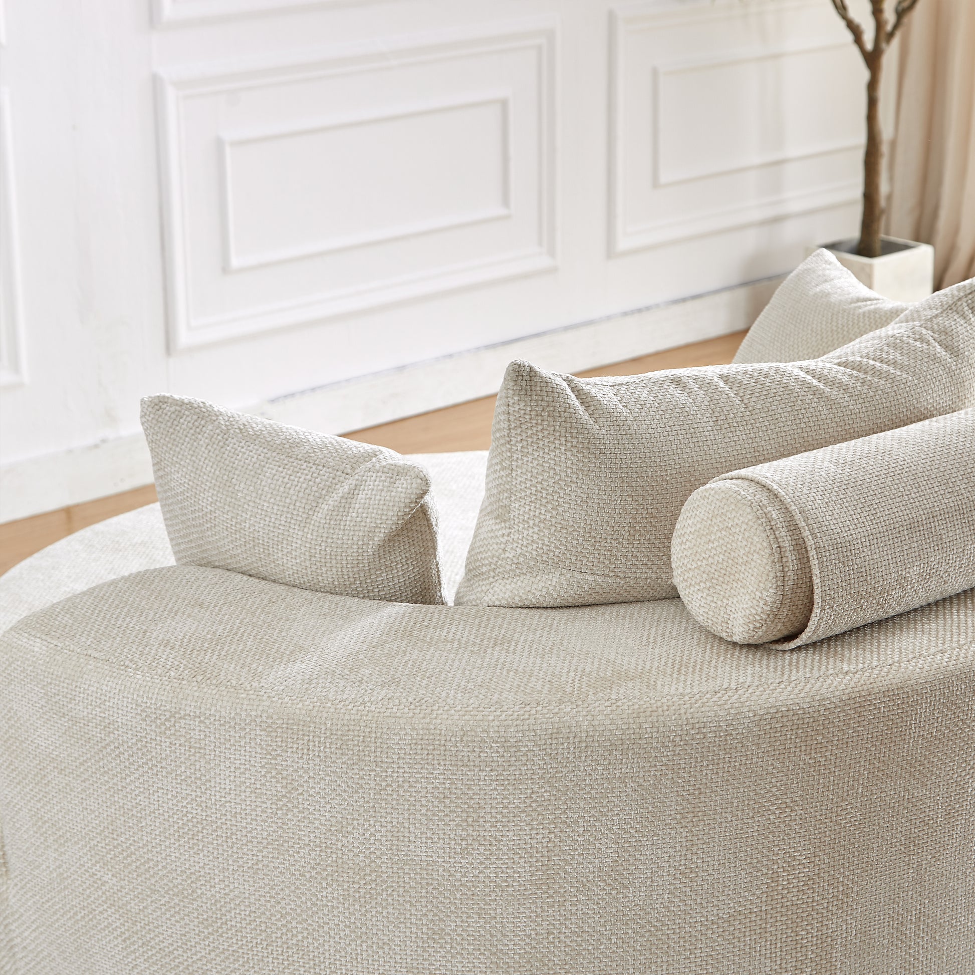 Cream textured fabric circular sofa with bolster pillow modern living room furniture