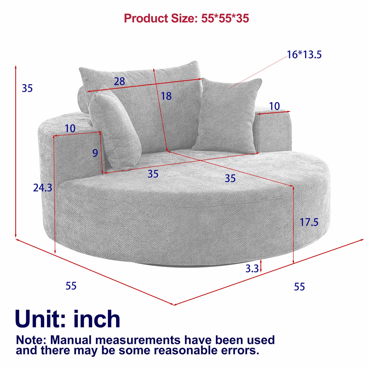 Gray textured fabric swivel accent chair with rounded design and two accent pillows