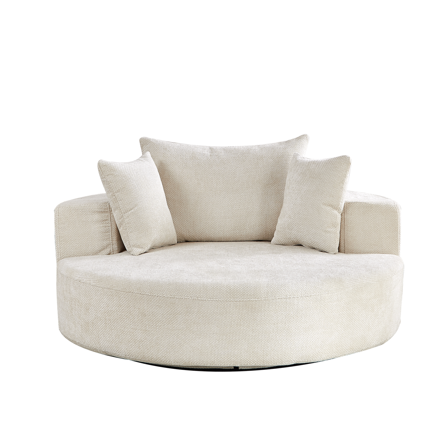 Cream boucle fabric swivel accent chair with plush pillows