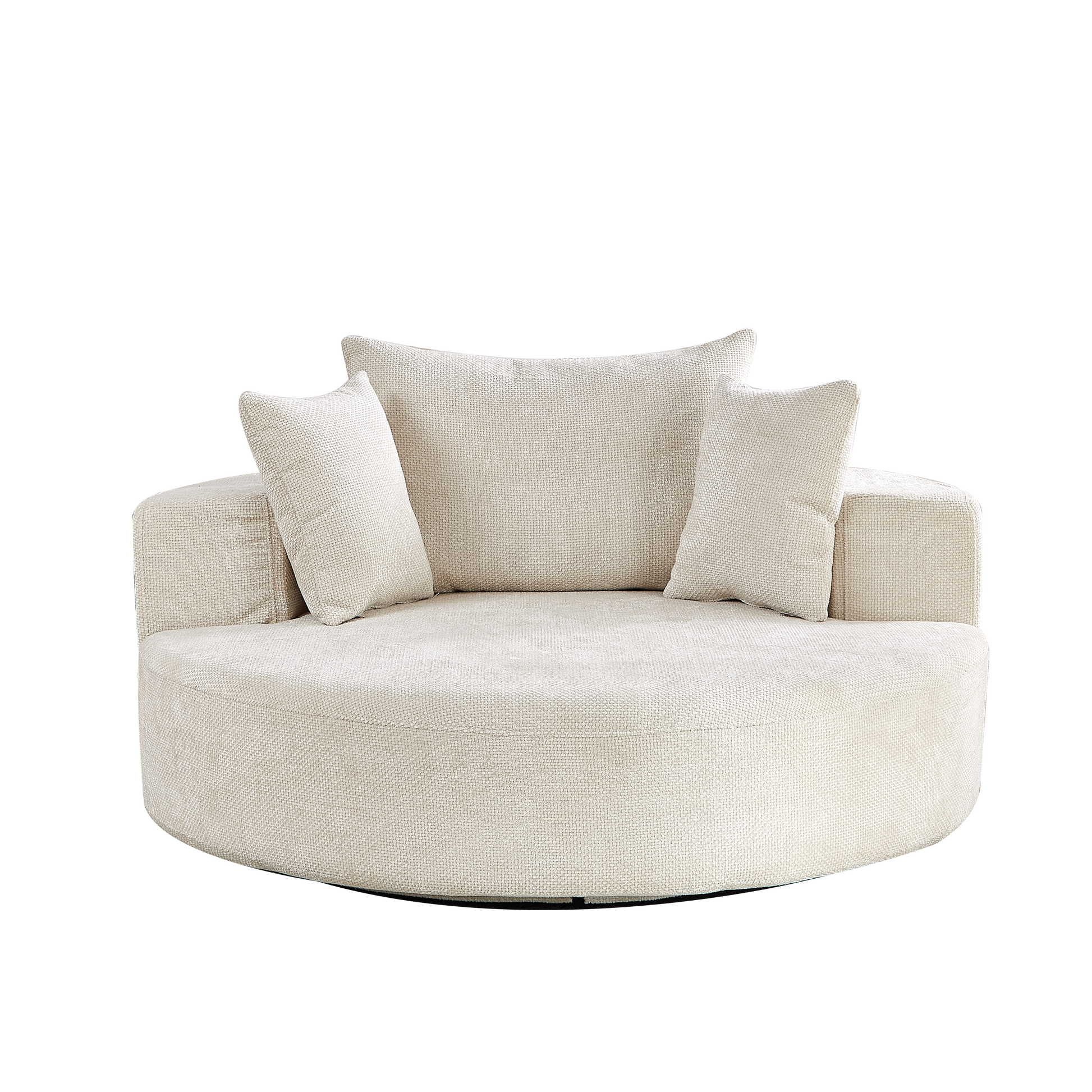 Cream boucle fabric swivel accent chair with plush pillows