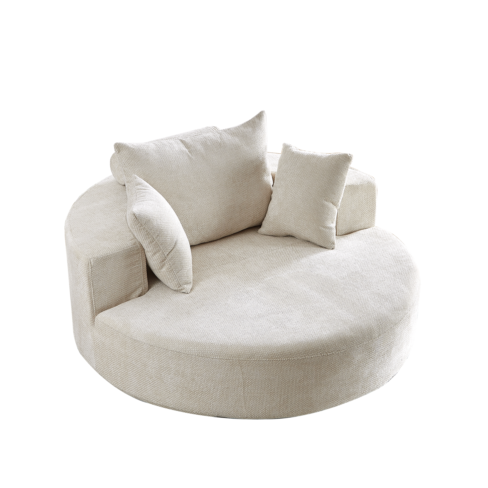 Cream textured fabric swivel chair with matching throw pillows perfect for a modern living room