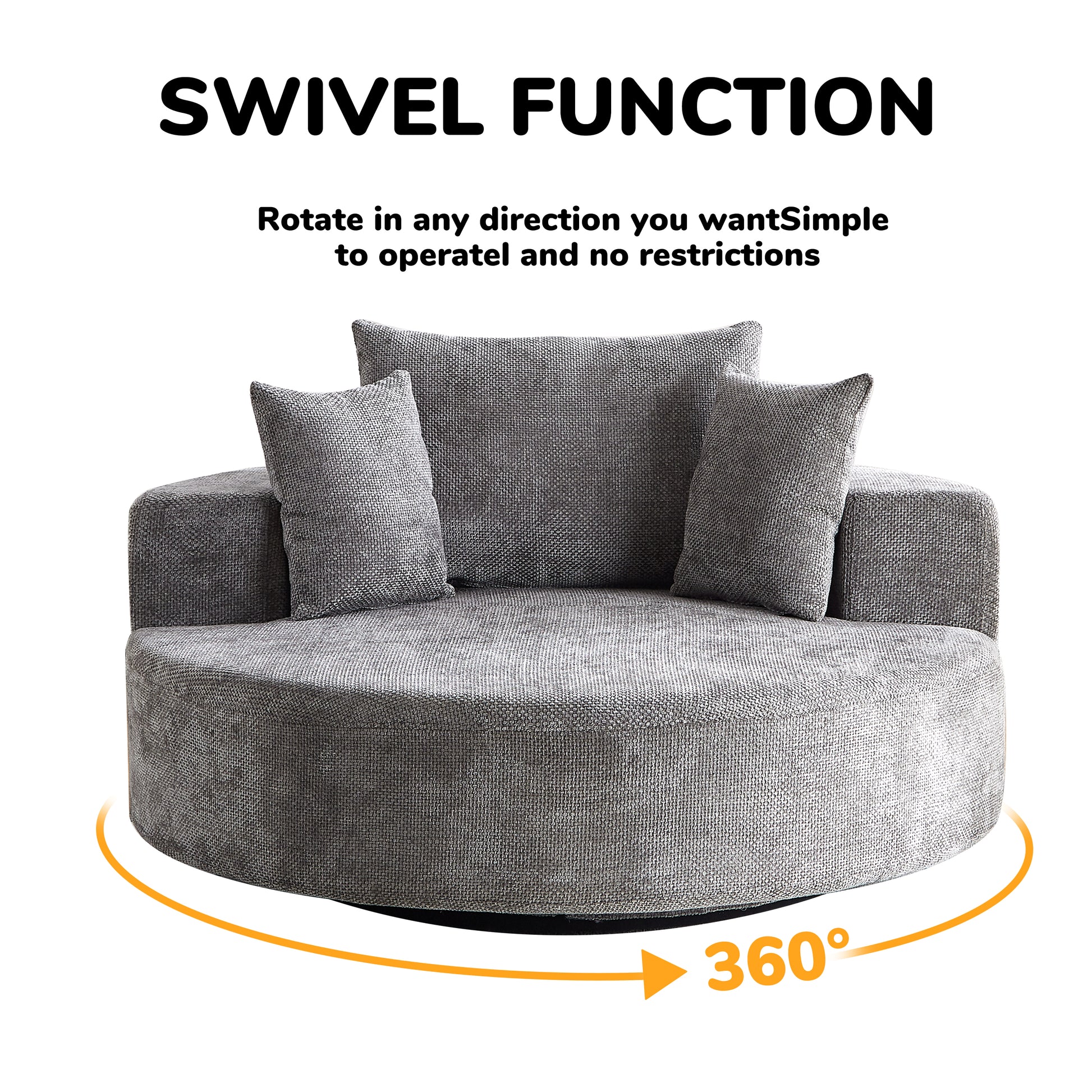 Grey circular swivel accent chair with plush textured fabric and two accent pillows