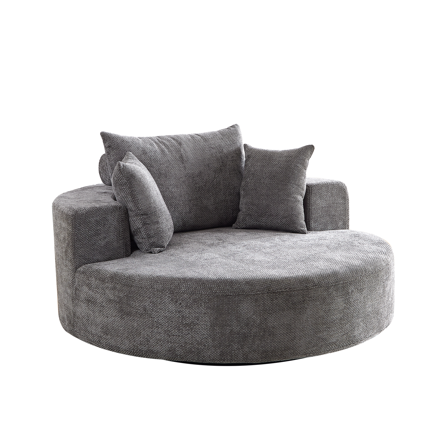 Plush grey swivel chair with textured fabric and matching throw pillows for a cozy living room