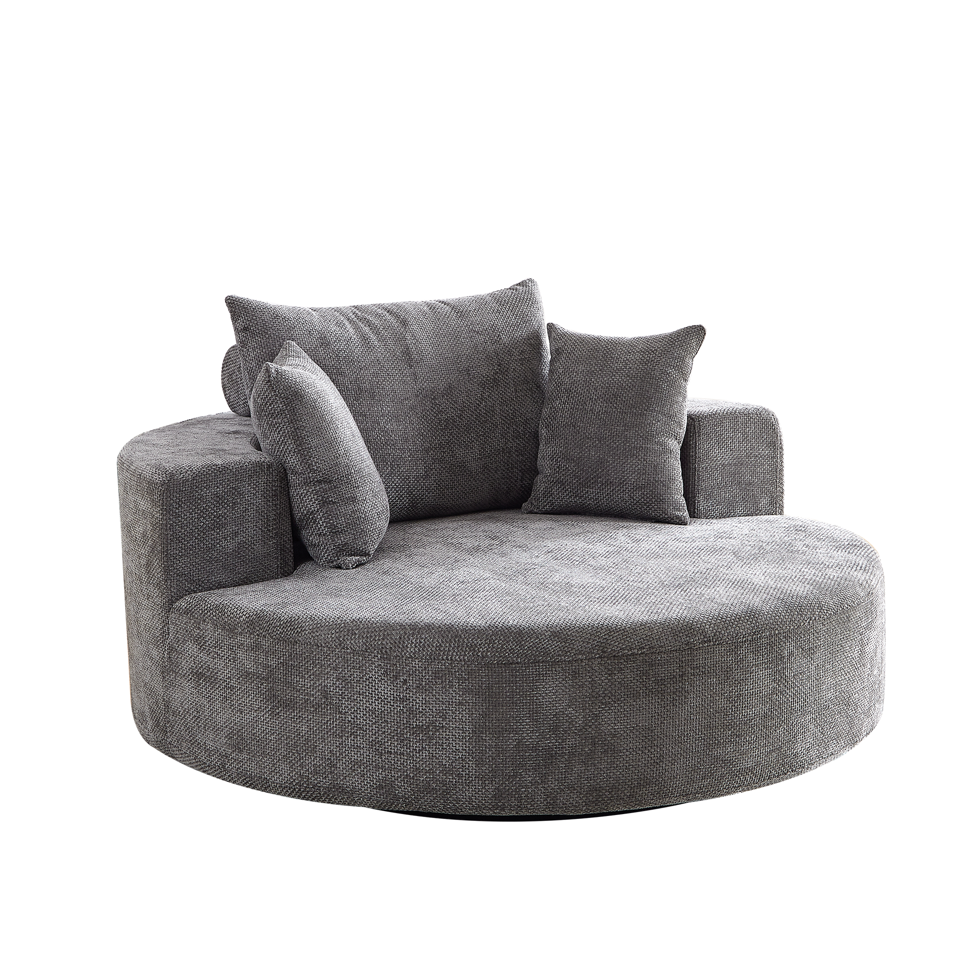 Plush grey swivel chair with textured fabric and matching throw pillows for a cozy living room