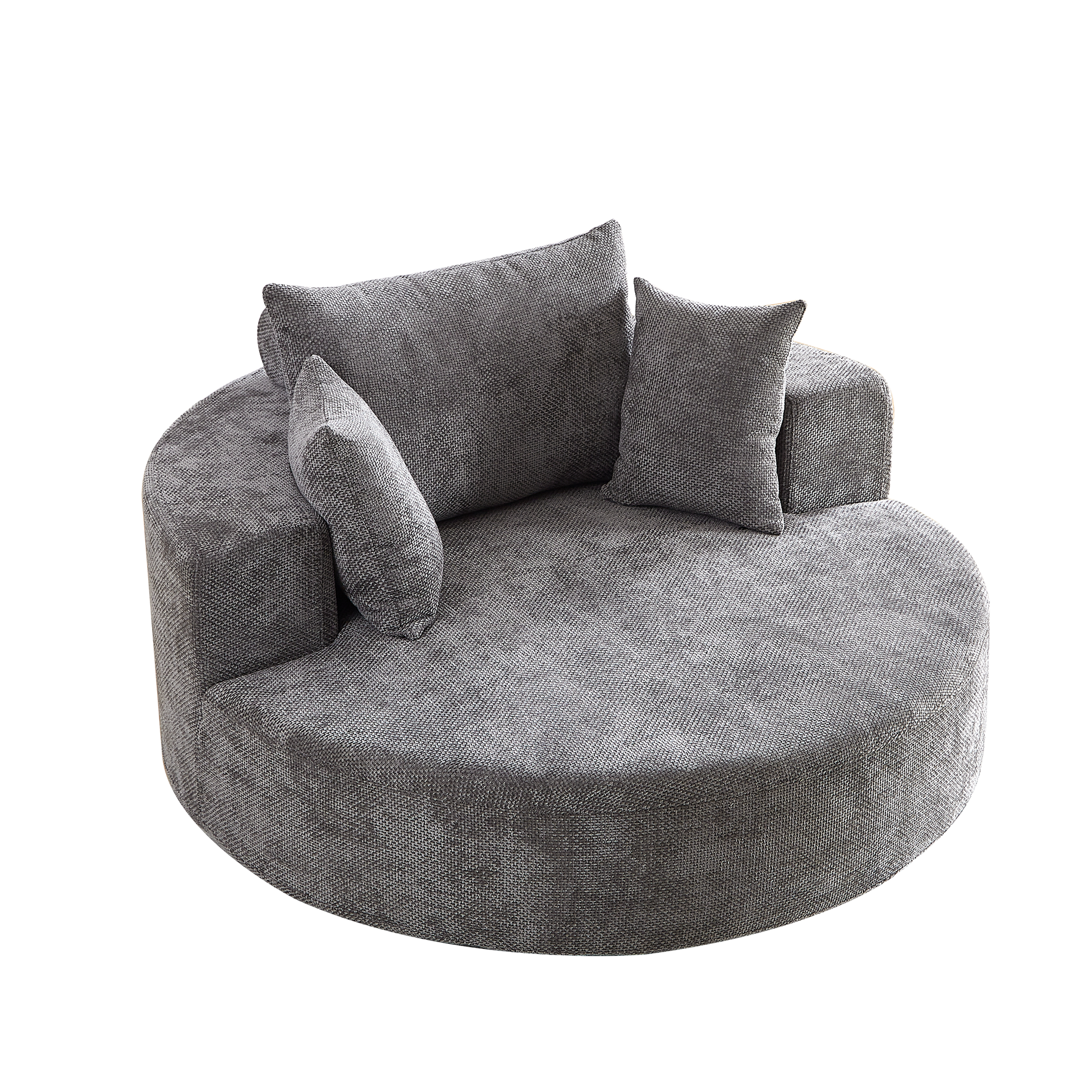 Round grey swivel chair with textured fabric and accent pillows
