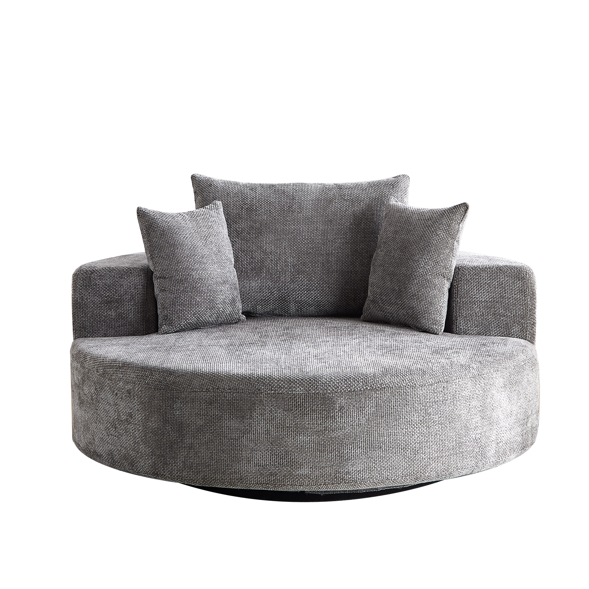 Round swivel chair in textured grey fabric with plush throw pillows for cozy seating