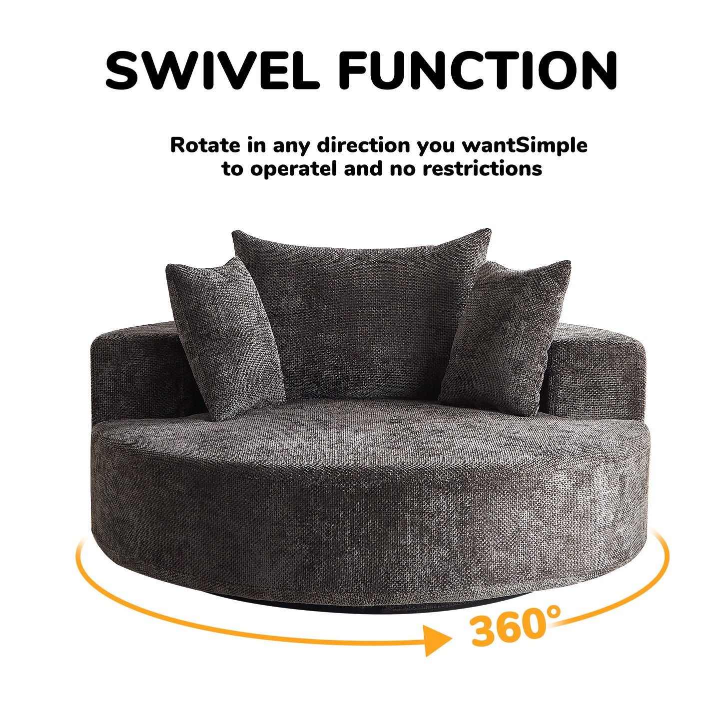 Dark grey textured fabric swivel armchair with plush cushions for modern living rooms