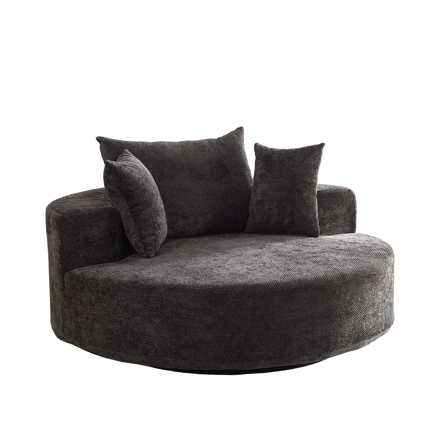 Dark charcoal swivel chair with textured fabric and plush throw pillows