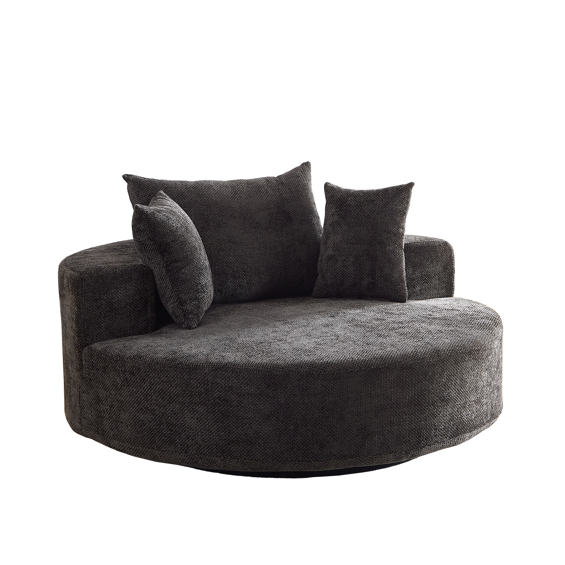 Dark charcoal swivel chair with textured fabric and plush throw pillows