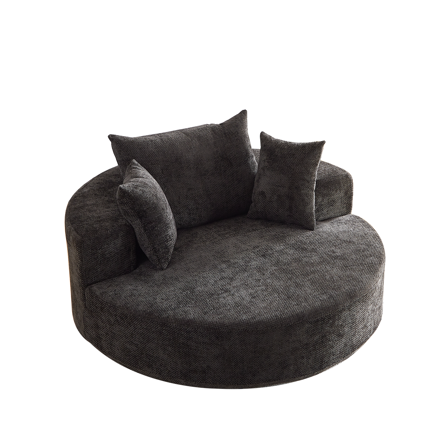 Dark grey textured fabric accent chair with two matching throw pillows