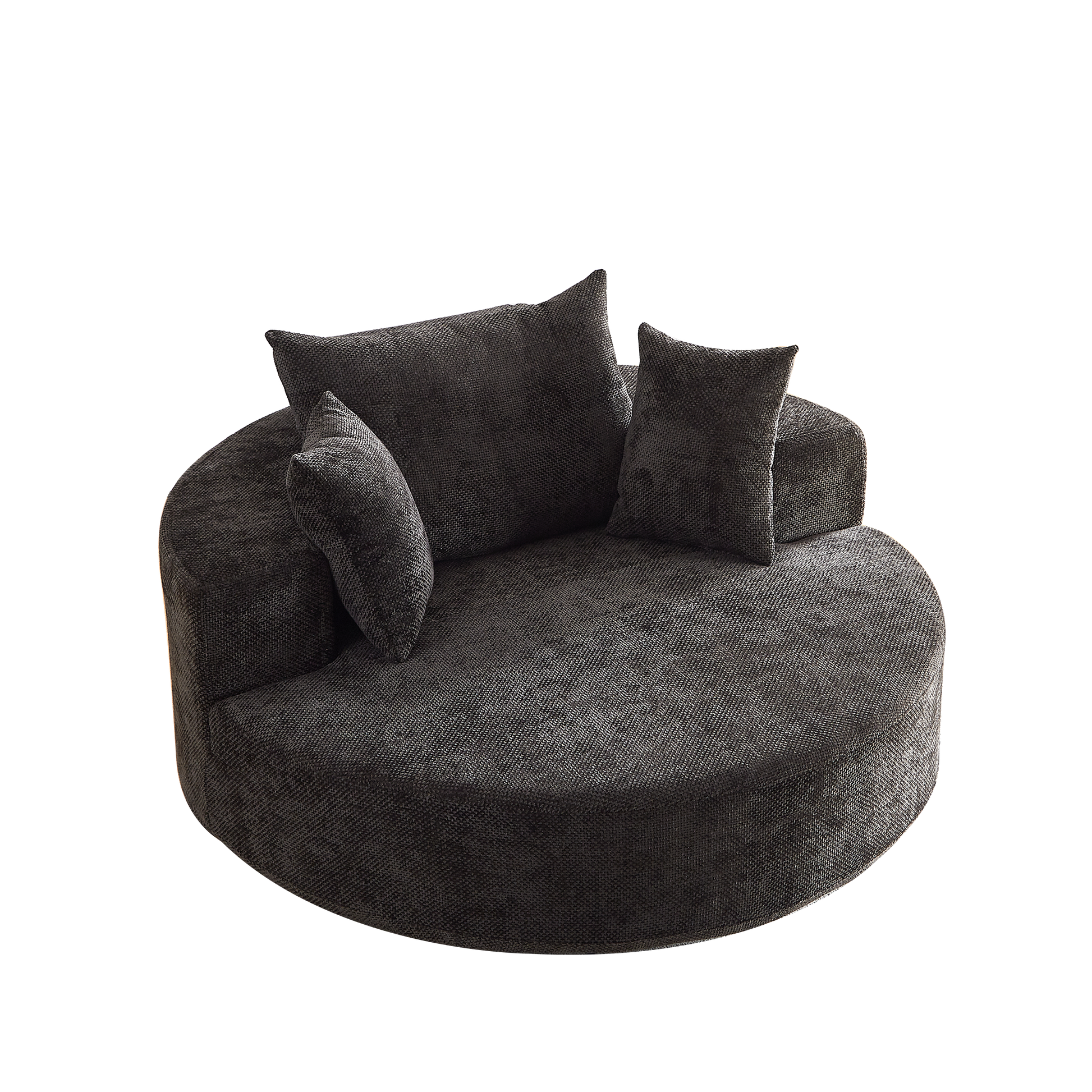 Dark grey textured fabric accent chair with two matching throw pillows