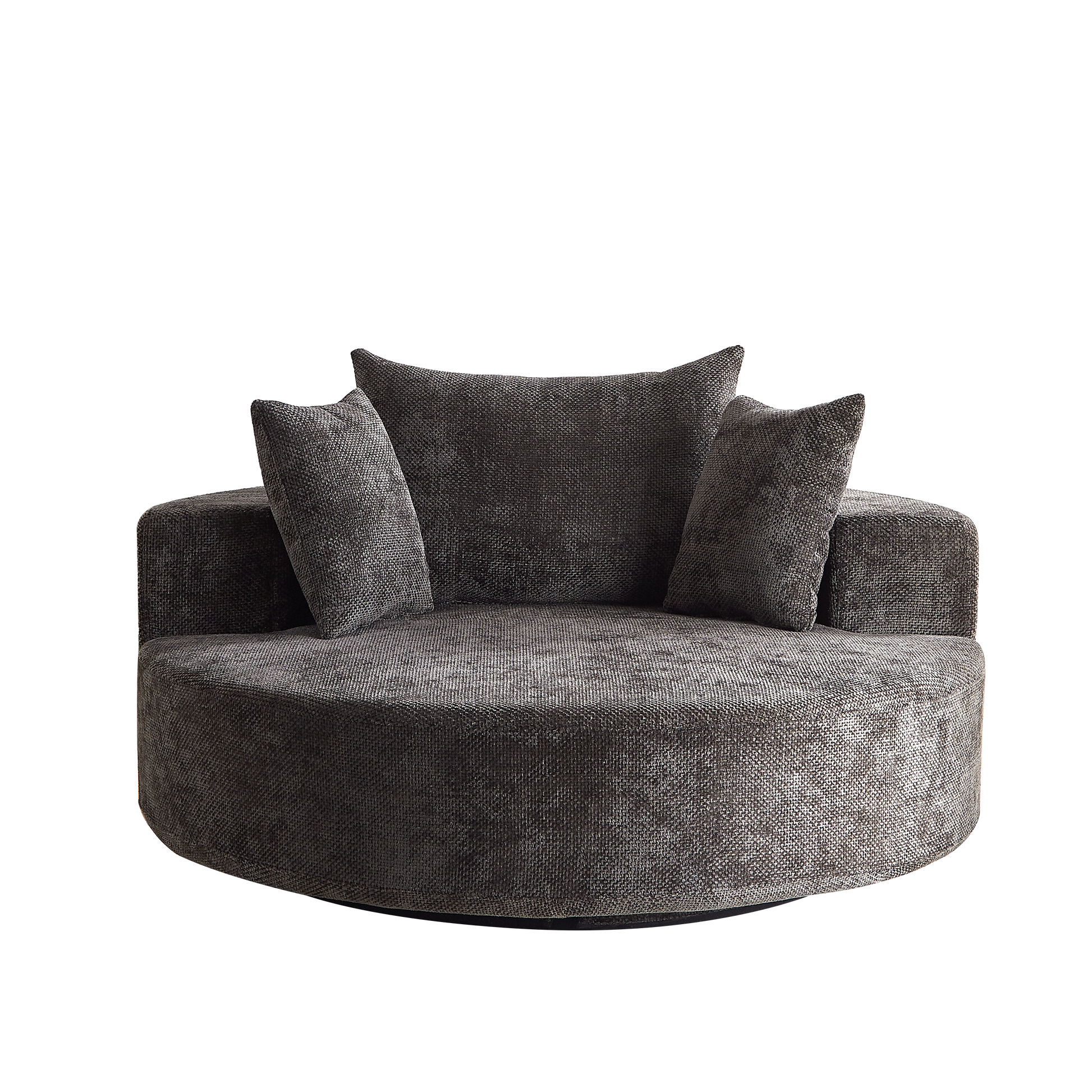 Round charcoal grey fabric armchair with plush seat and back cushions perfect for cozy living rooms