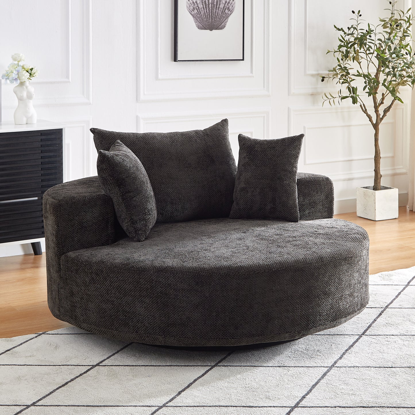 Dark grey textured fabric swivel chair with plush cushions for modern living rooms