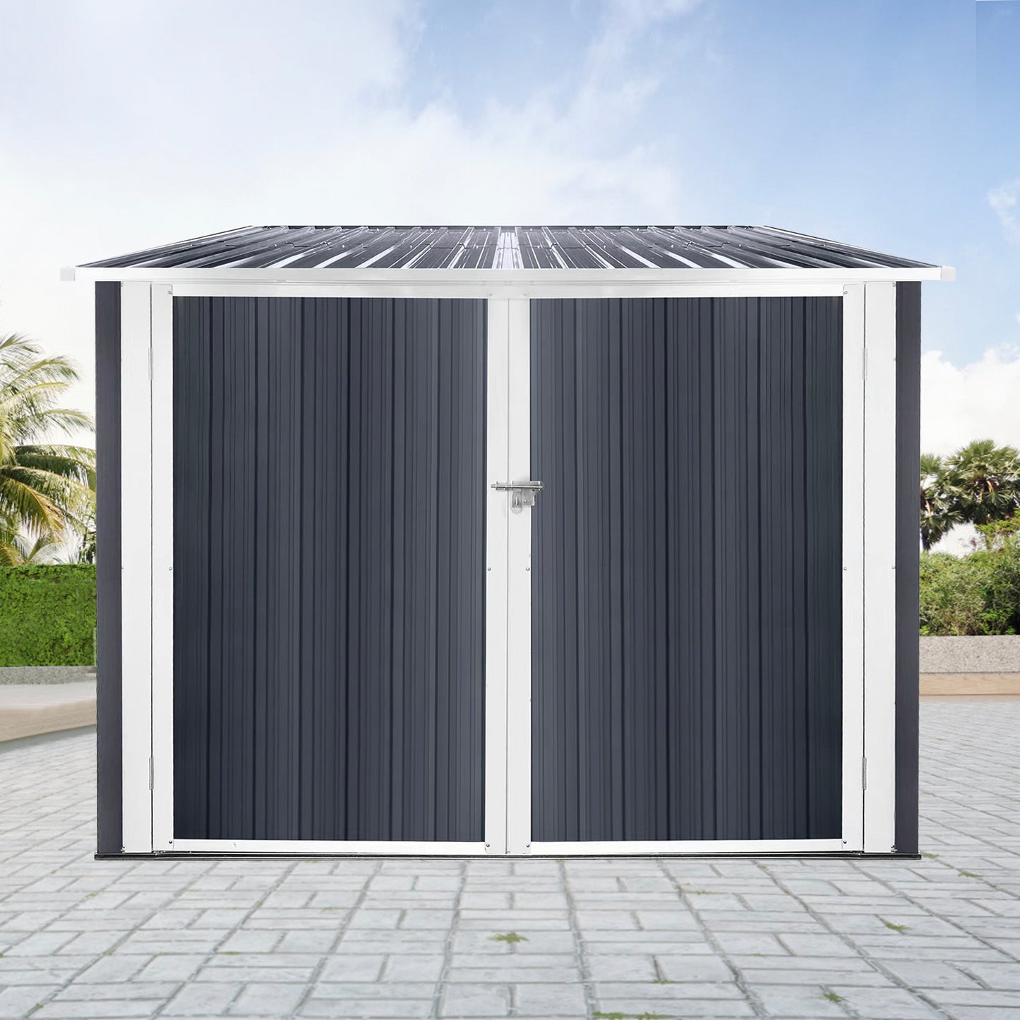 Dark grey metal garden shed with double doors and a silver latch ideal for outdoor storage