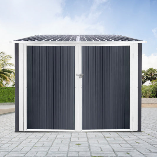 Dark grey metal garden shed with double doors and a silver latch ideal for outdoor storage