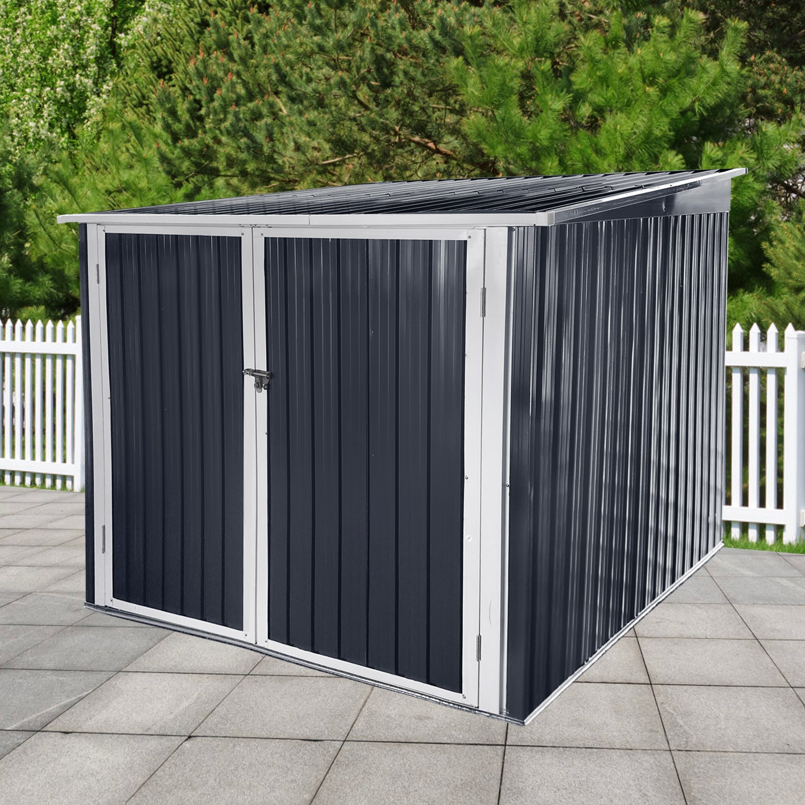 Charcoal metal garden shed with double doors and a slanted roof perfect for outdoor storage