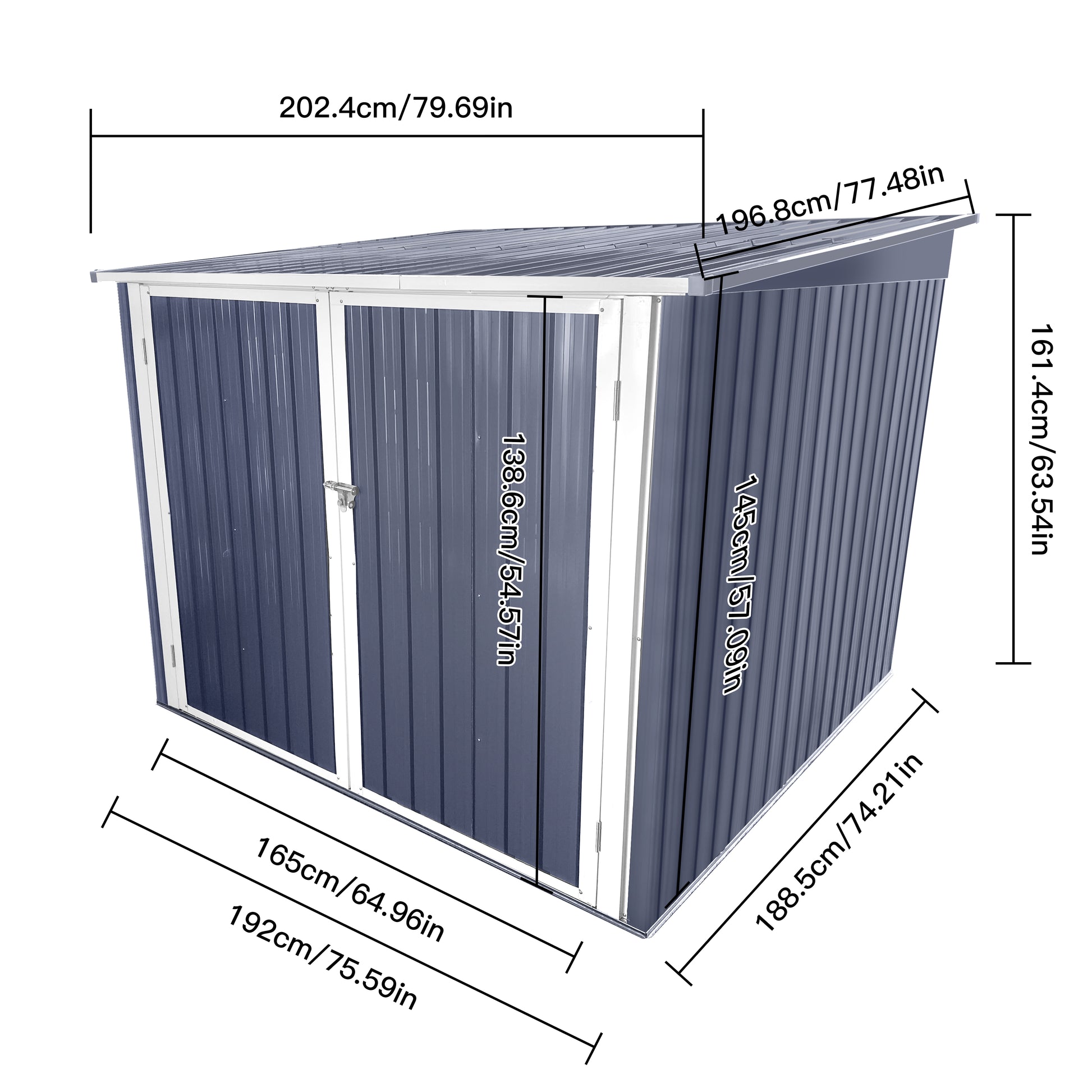 Dark blue metal garden shed with double doors and sloped roof cm long