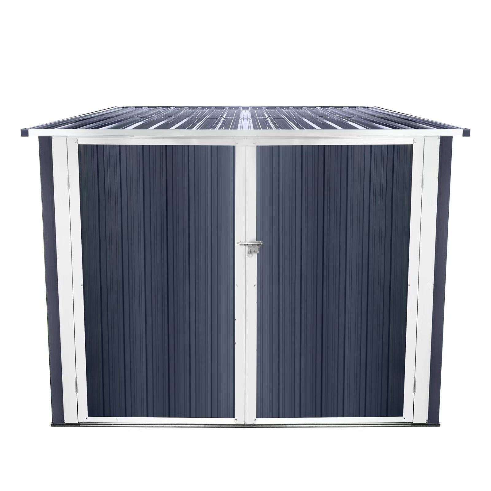 Dark grey metal garden shed with double doors and a sloped roof