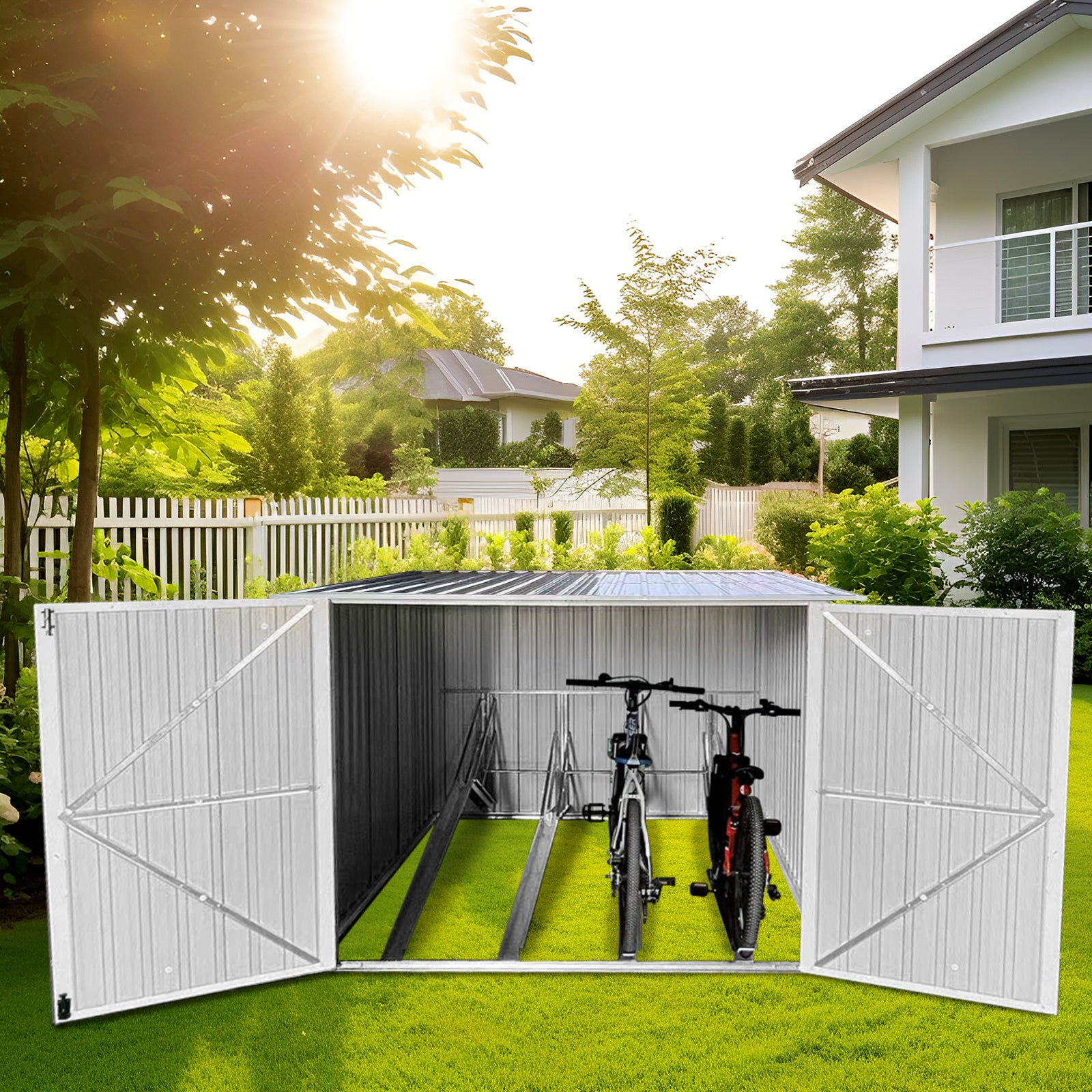 Two bicycles stored in a spacious silver metal bike shed with open doors