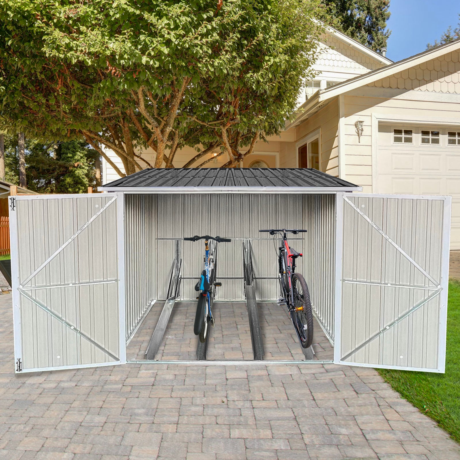 Two bicycles stored in a double bike rack inside a grey metal outdoor shed
