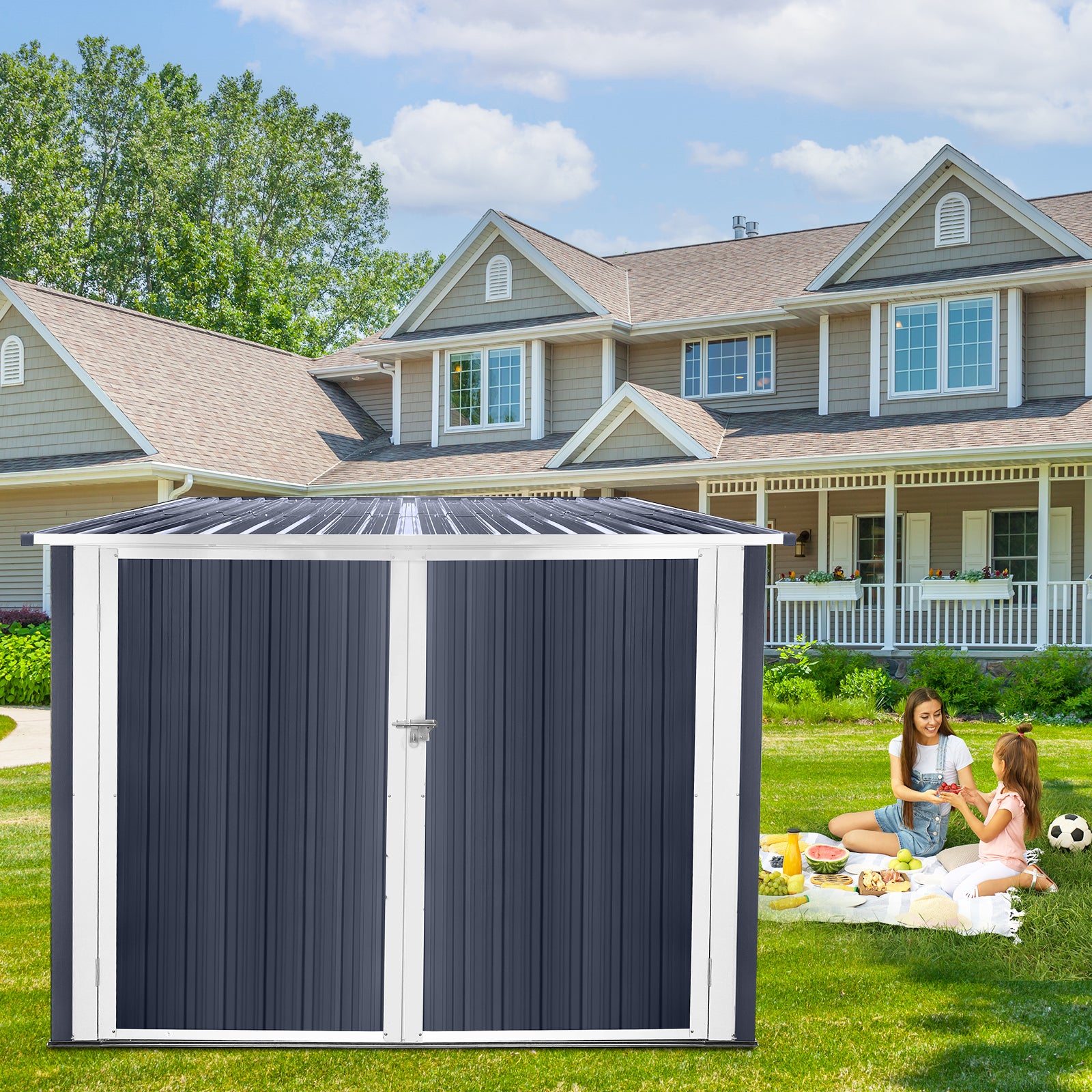 Dark gray metal garden shed with white trim and double doors