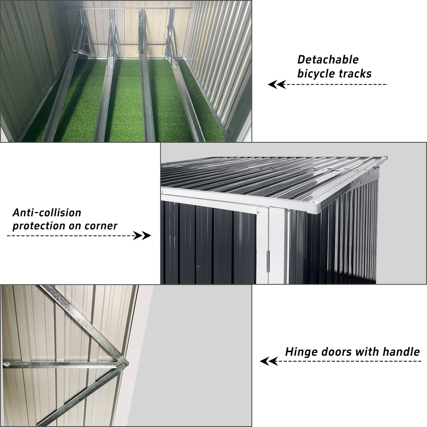 Interior view of storage shed with green turf and detachable bicycle tracks for organization