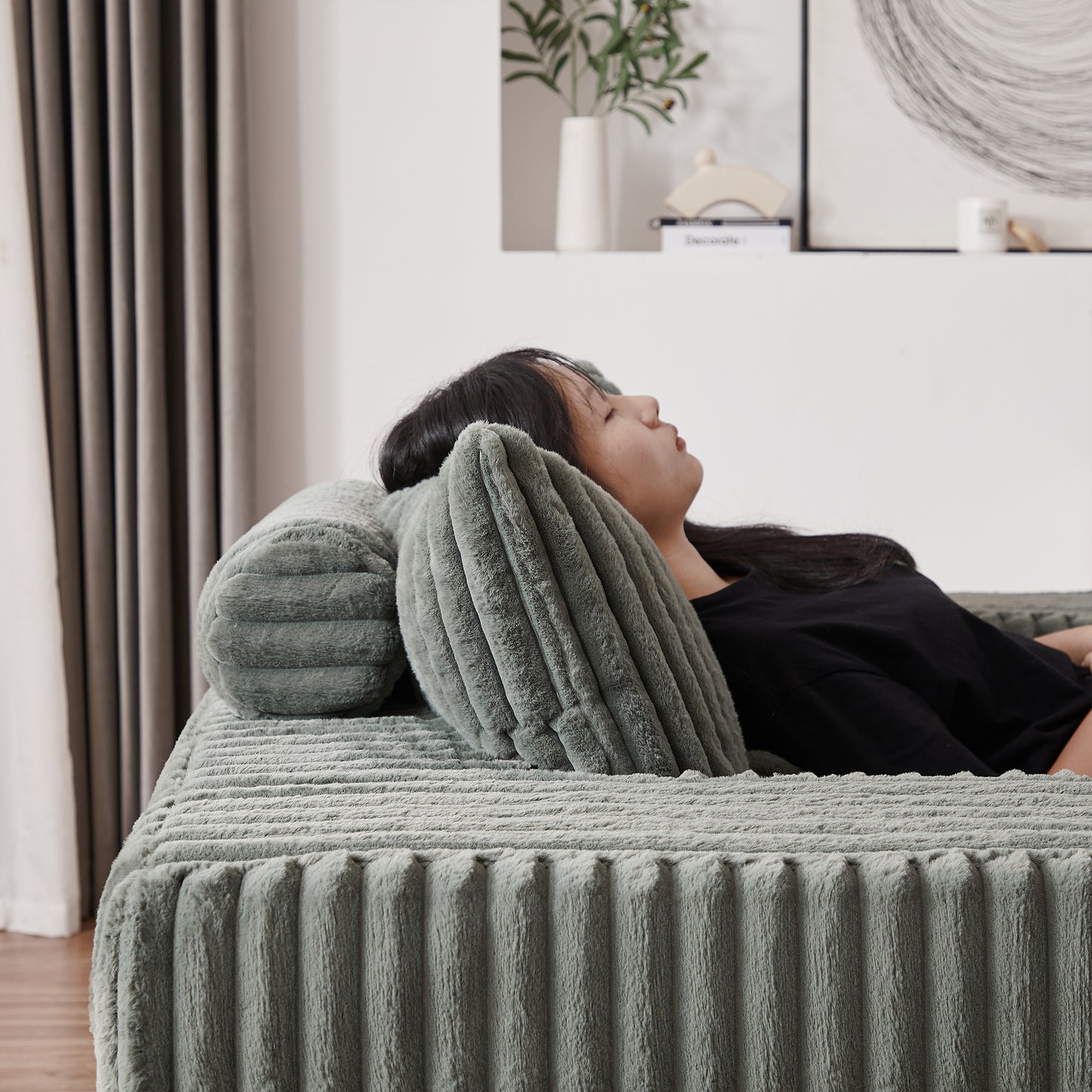 Plush corduroy sofa blanket in sage green perfect for cozy living rooms