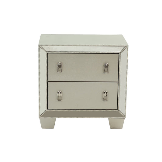 Glamorous mirrored nightstand with two grey drawers and silver pull handles