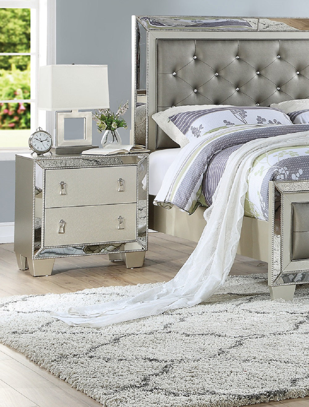 Champagne mirrored nightstand with two drawers and crystal pulls