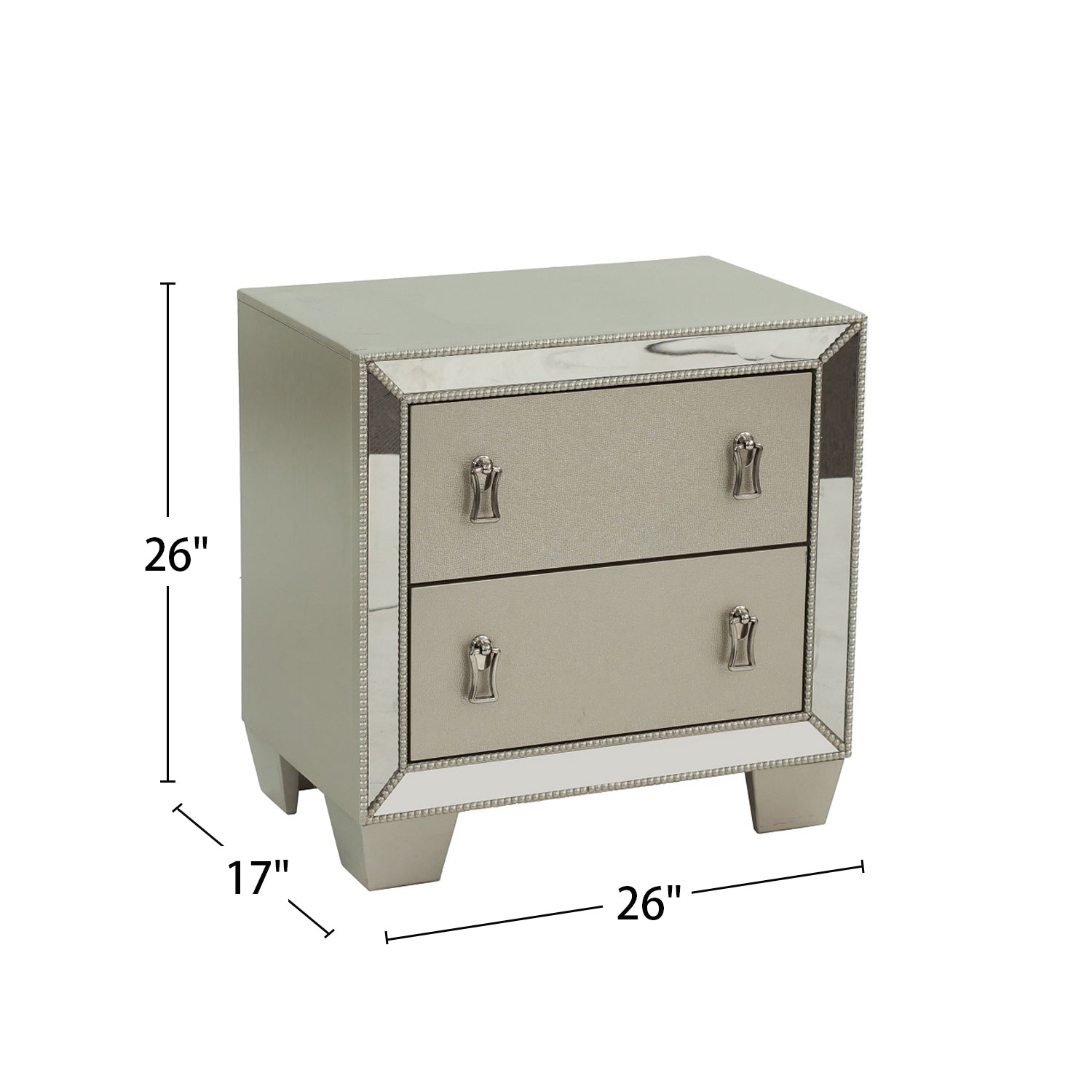 Glamorous mirrored nightstand with two textured drawers and crystallike pulls