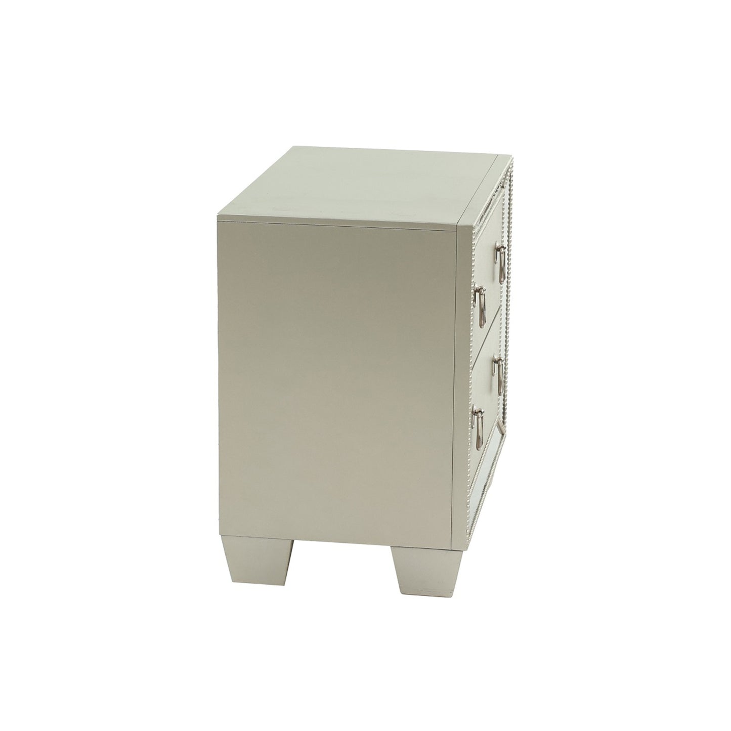 Silver threedrawer dresser with mirrored accents and silver knob pulls
