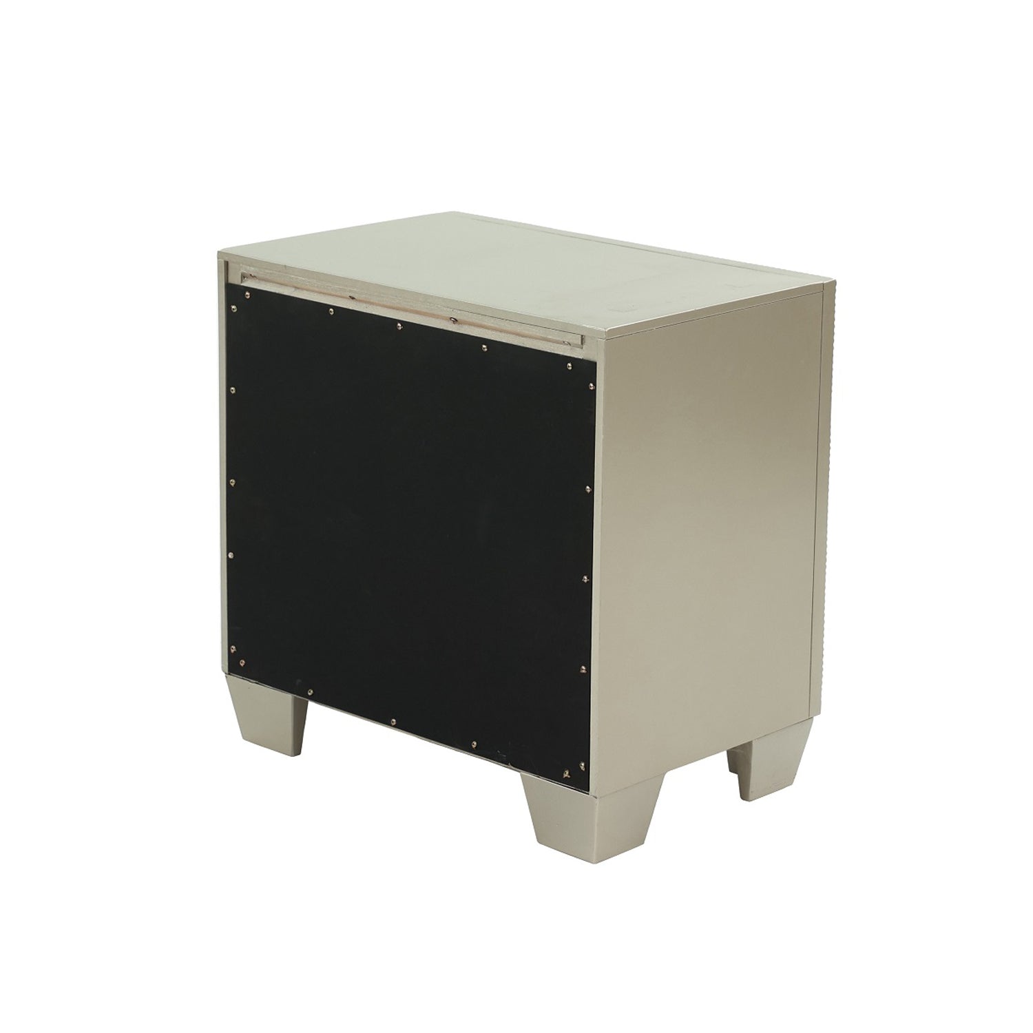 Silver nightstand with black accent panel and modern angular legs
