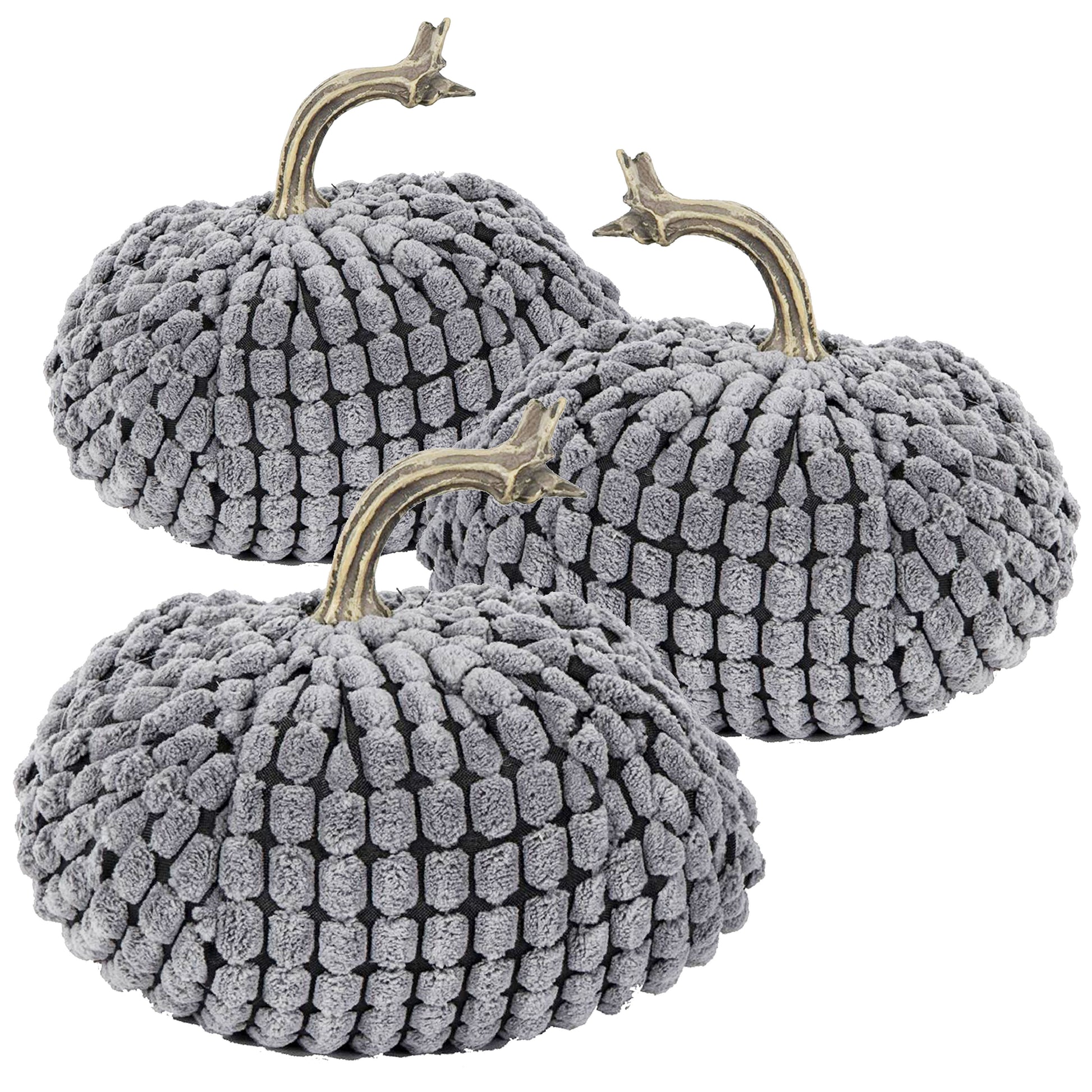 Three grey chenille pumpkins with textured exteriors and gold stems perfect for fall decor