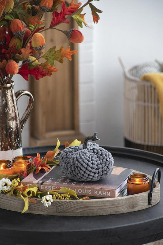 Grey knit decorative pumpkin with rustic stem a charming fall accent